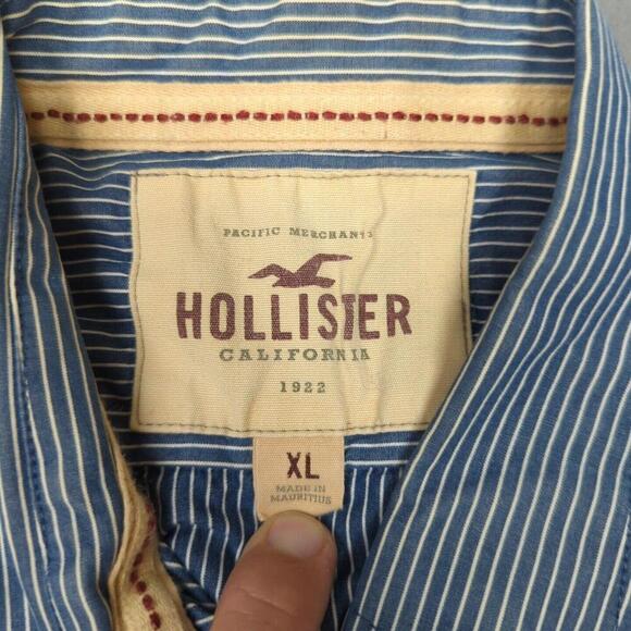 Hollister Button Up Shirt Men's Extra Large Striped Blue XL Pocket Long Sleeve - Picture 2 of 9